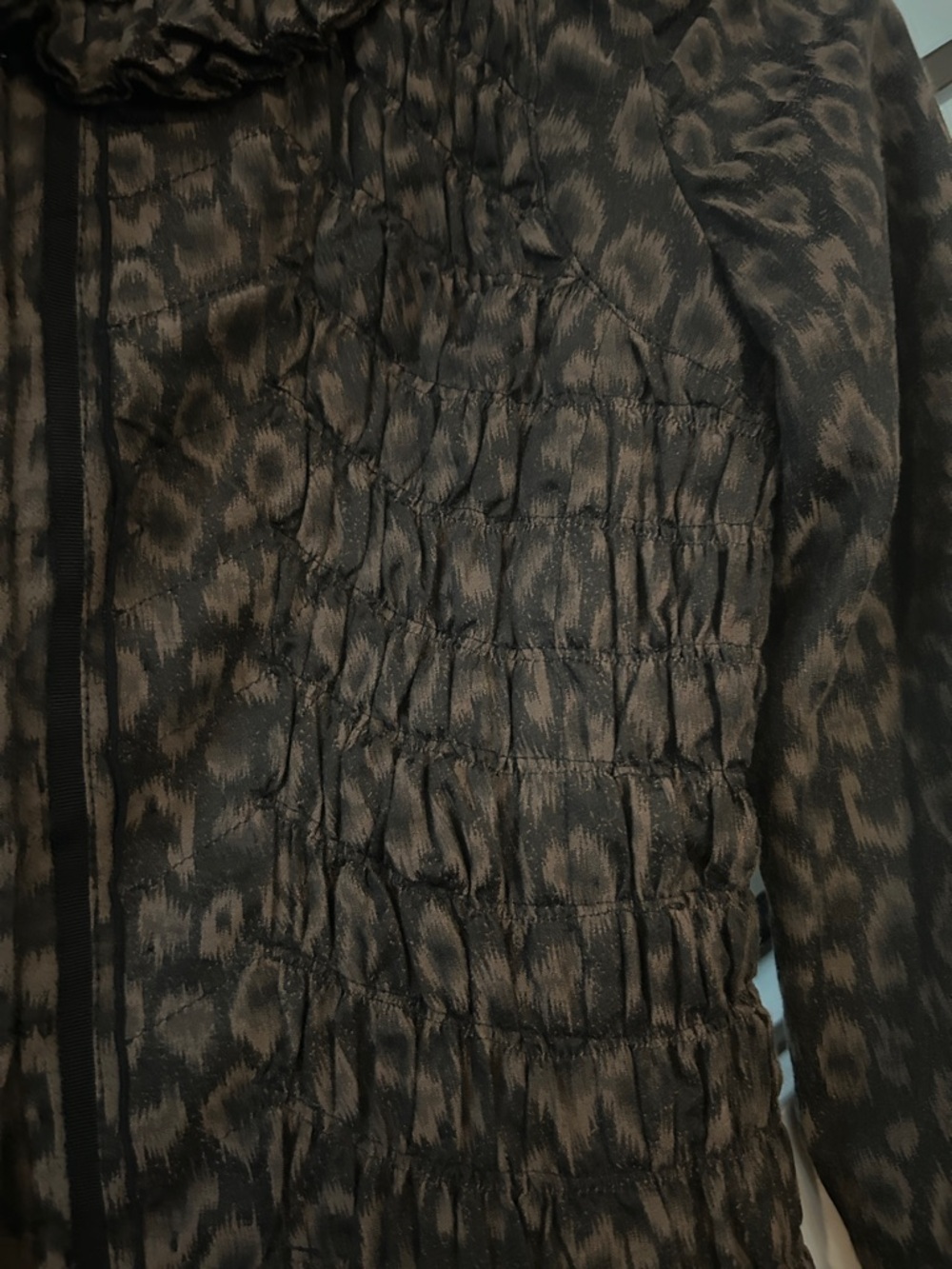 T Tahari Brown and Black -Print Ruffle Collar  blazer-jacket. - Picture 3 of 5